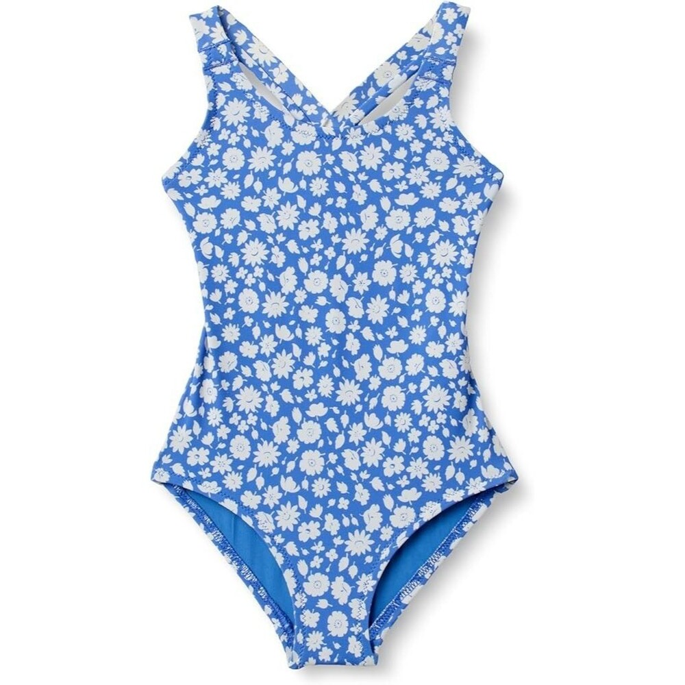 Girls One-Piece Swimsuit Size XS 5-Years  Blue Ditsy Floral Cross-Back AE